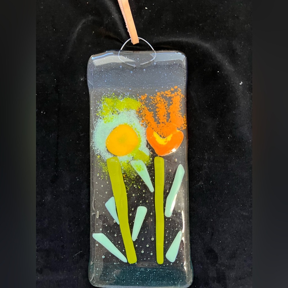 My Garden “Fused Art Glass  Hanging Plaque  10”x4” Floral Design